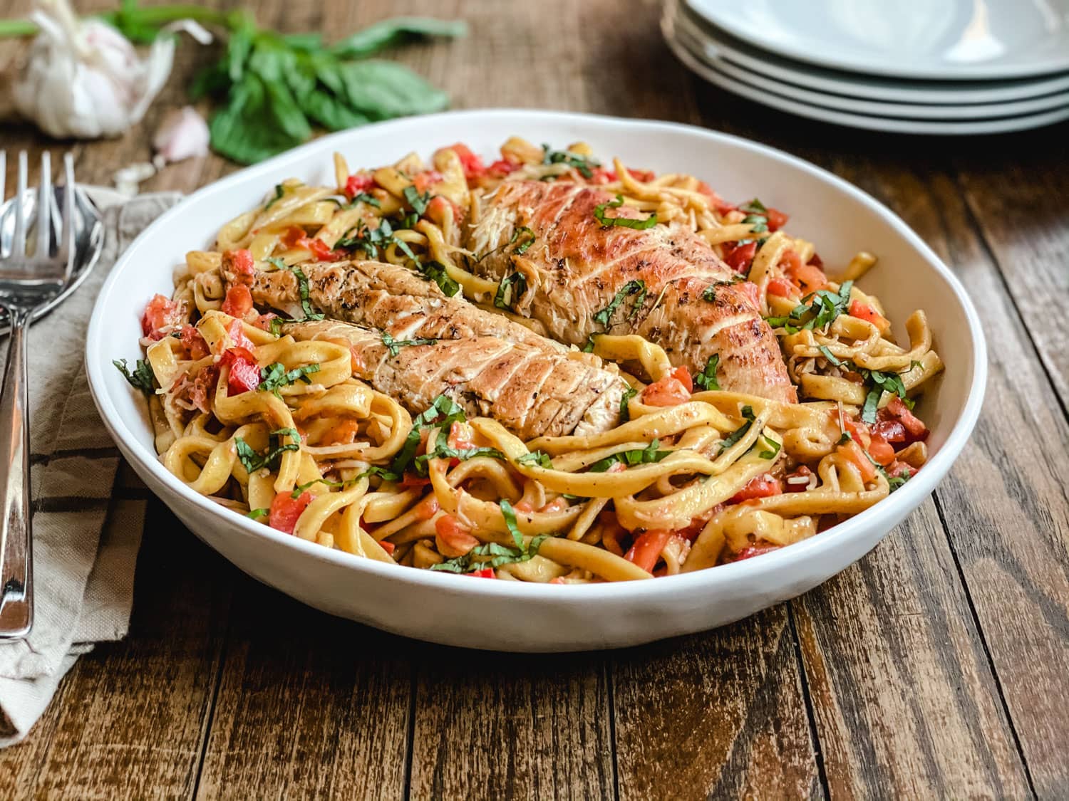 Bruschetta Chicken Pasta - Mrs. Bonsers Egg Noodles